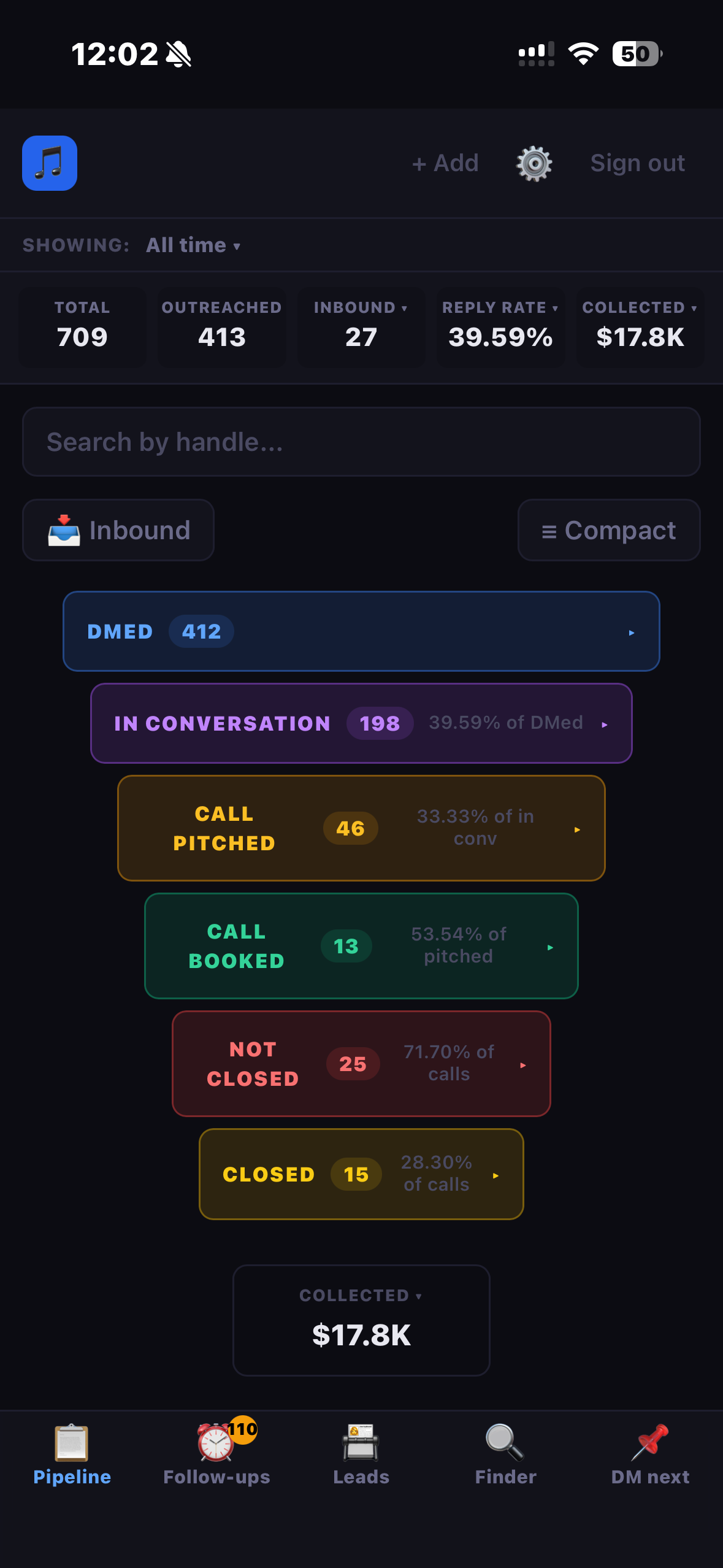 Outbound CRM pipeline on mobile